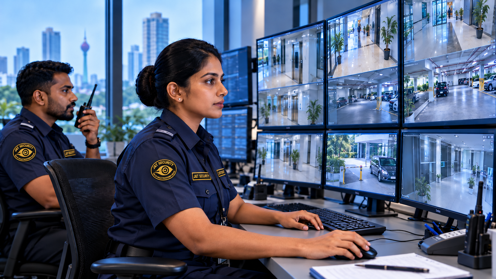 Security officers monitoring building CCTV screens