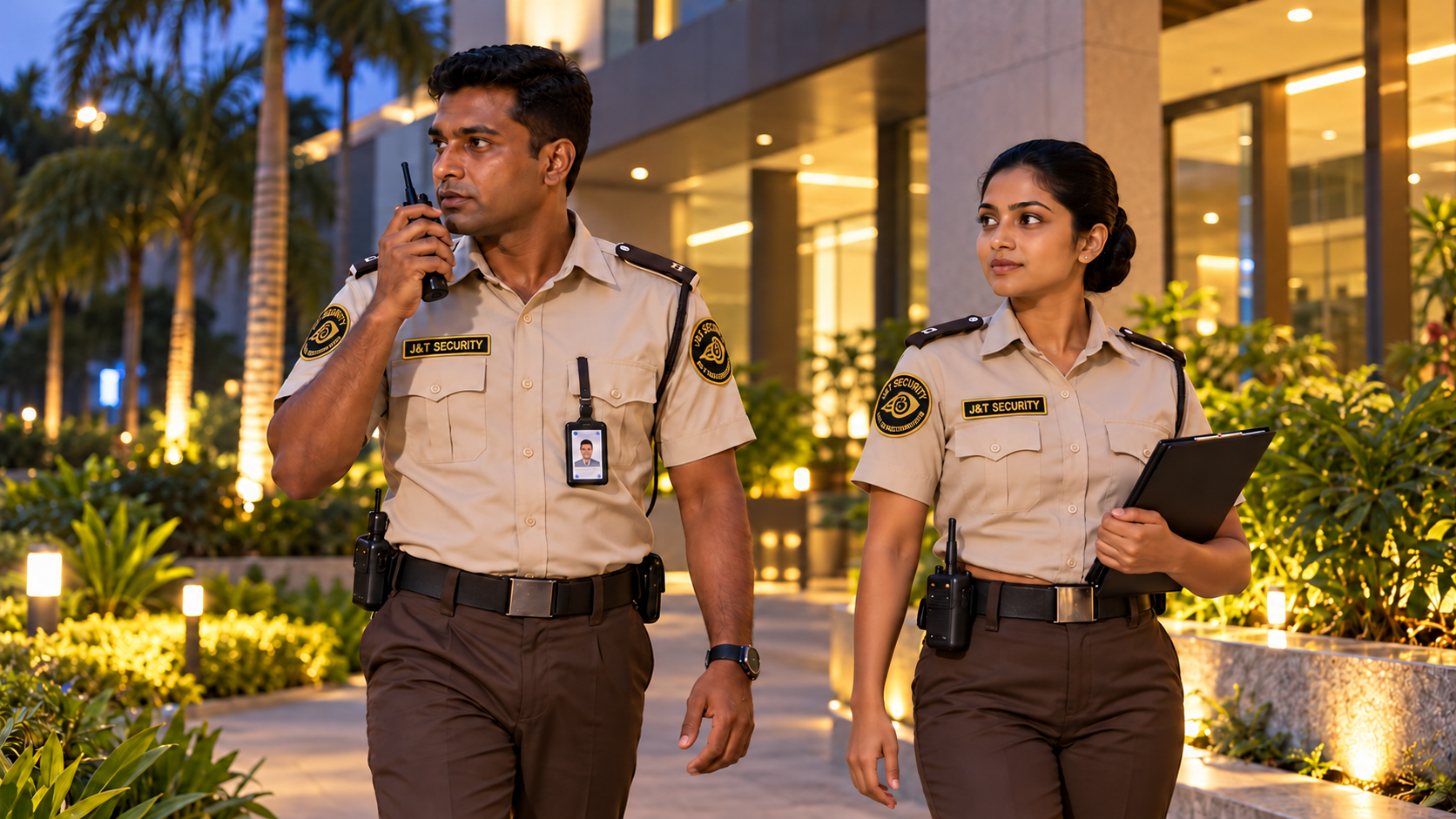 Two uniformed security officers patrolling outside a building