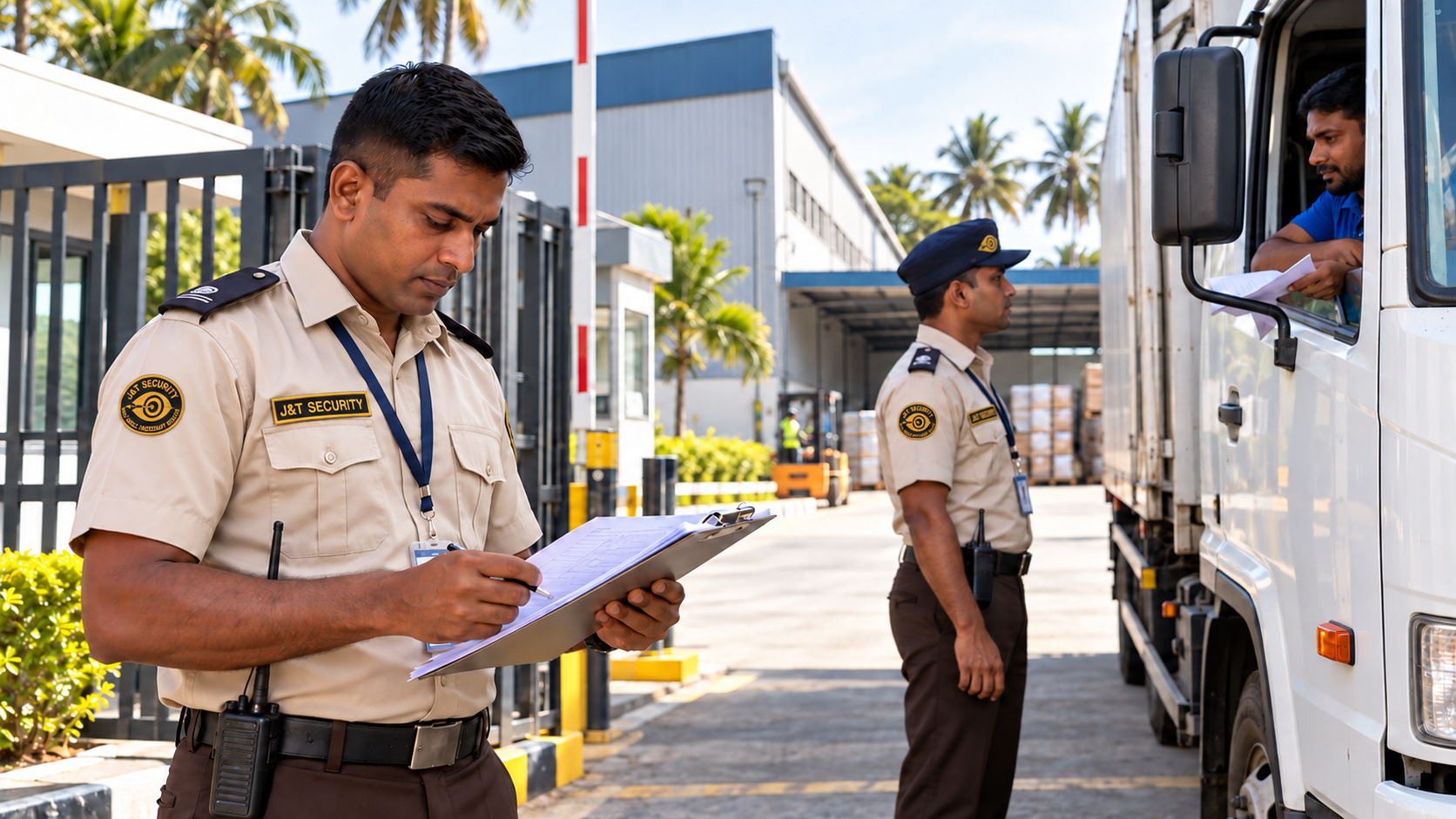 Security officers checking vehicle documentation at a controlled entrance
